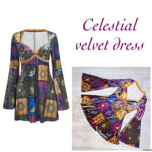 Celestial velvet long belle sleeve midi dress sun moon stars small witchy
